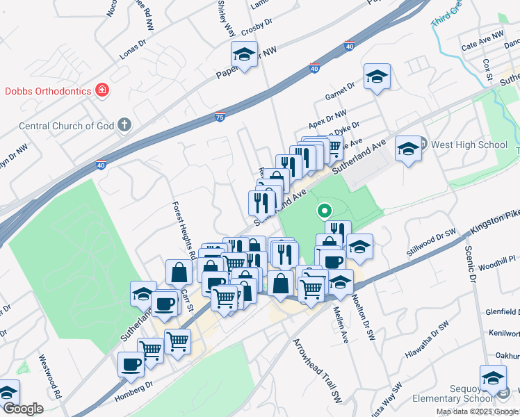 map of restaurants, bars, coffee shops, grocery stores, and more near 515 Renford Road in Knoxville