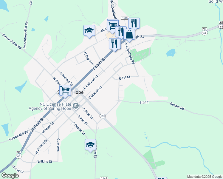 map of restaurants, bars, coffee shops, grocery stores, and more near Barbee Street in Spring Hope