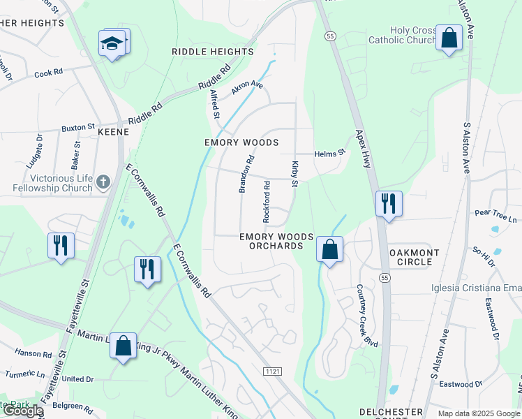map of restaurants, bars, coffee shops, grocery stores, and more near 3202 Rockford Road in Durham