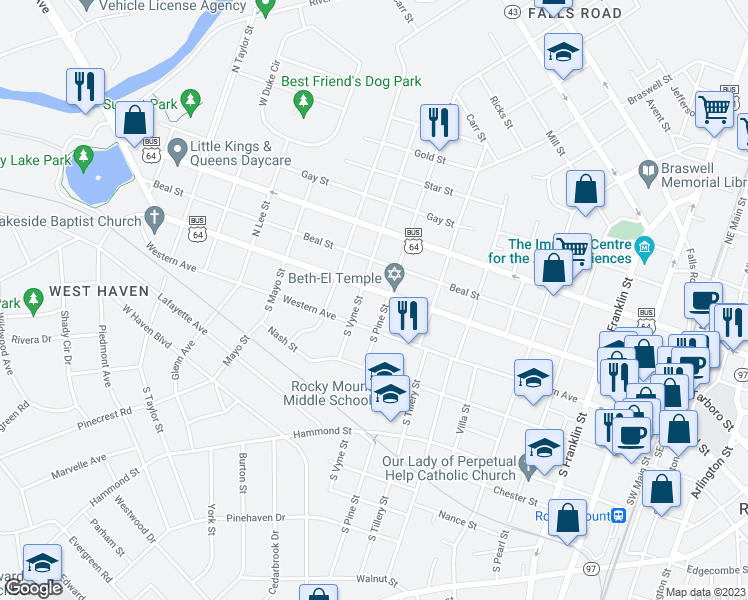 map of restaurants, bars, coffee shops, grocery stores, and more near 911 Sunset Avenue in Rocky Mount