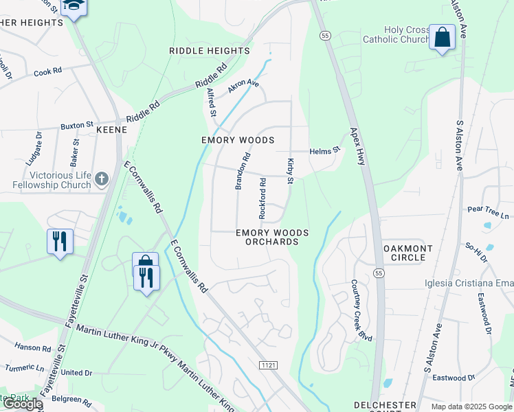 map of restaurants, bars, coffee shops, grocery stores, and more near 3202 Rockford Road in Durham