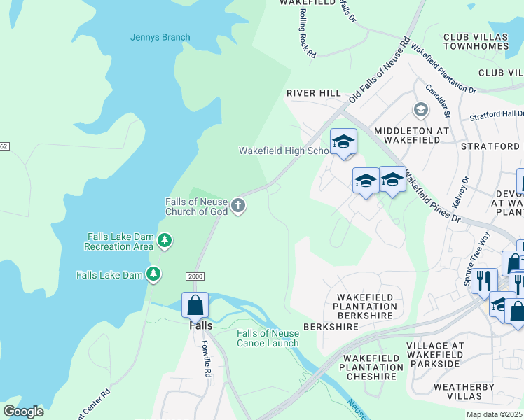 map of restaurants, bars, coffee shops, grocery stores, and more near 6165 Riverside Drive in Wake Forest