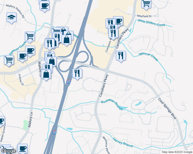 map of restaurants, bars, coffee shops, grocery stores, and more near 800 Crescent Centre Drive in Franklin