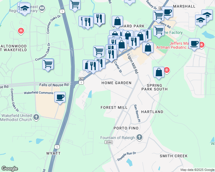 map of restaurants, bars, coffee shops, grocery stores, and more near 1644 Forest Road in Wake Forest