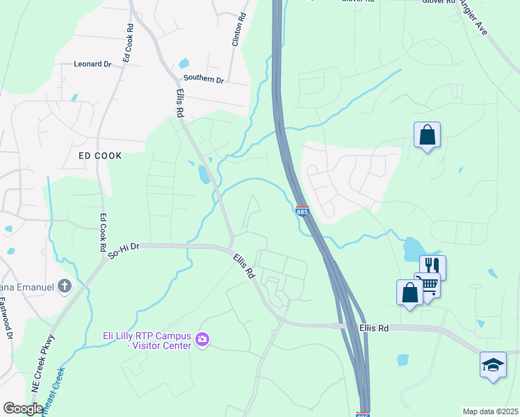 map of restaurants, bars, coffee shops, grocery stores, and more near 1533 Ellis Road in Durham