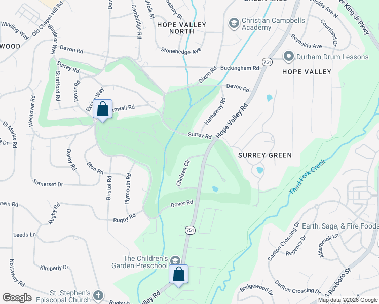 map of restaurants, bars, coffee shops, grocery stores, and more near 2808 Chelsea Circle in Durham