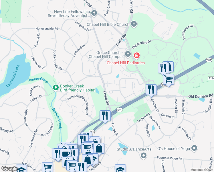 map of restaurants, bars, coffee shops, grocery stores, and more near 201 B McGregor Drive in Chapel Hill