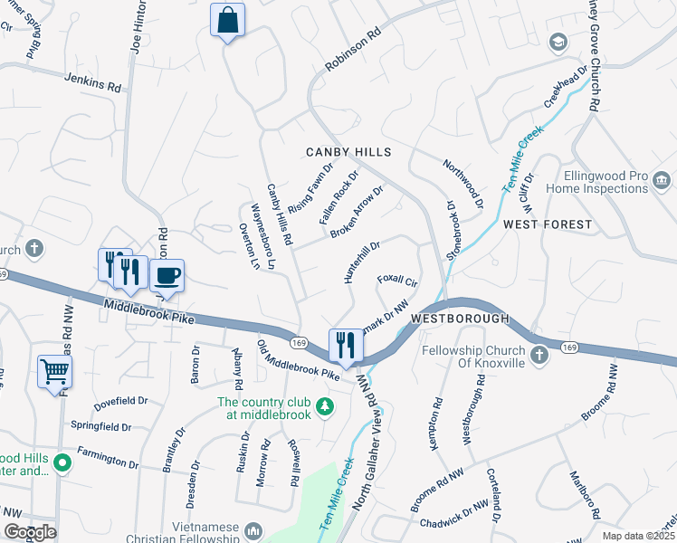 map of restaurants, bars, coffee shops, grocery stores, and more near 8301 Hunterhill Drive in Knoxville