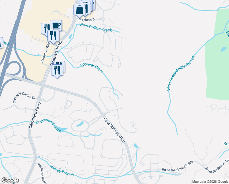 map of restaurants, bars, coffee shops, grocery stores, and more near 330 Haddon Court in Franklin