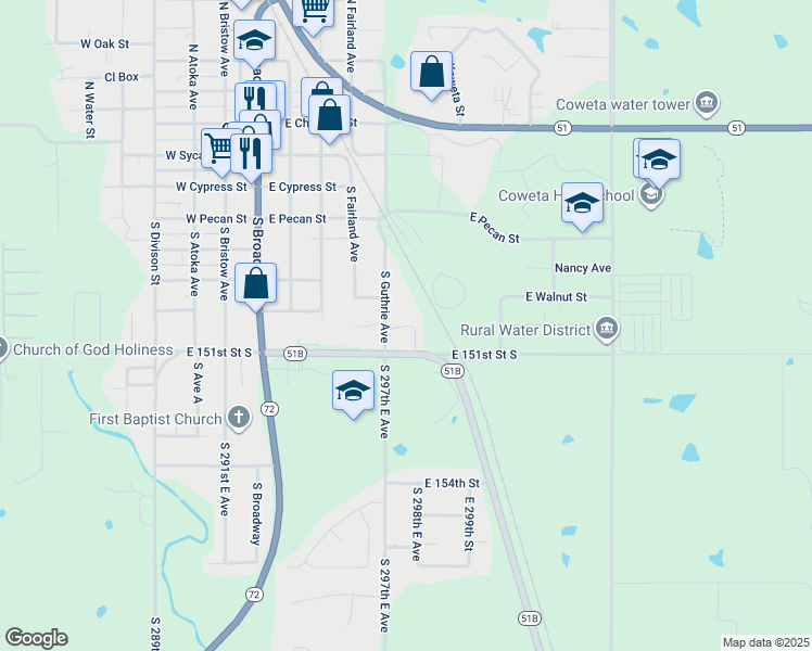 map of restaurants, bars, coffee shops, grocery stores, and more near 613 South Guthrie Avenue in Coweta