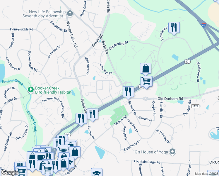 map of restaurants, bars, coffee shops, grocery stores, and more near 1749 Dobbins Drive in Chapel Hill