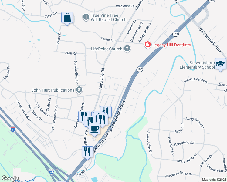 map of restaurants, bars, coffee shops, grocery stores, and more near 3034 Utah Street in Smyrna