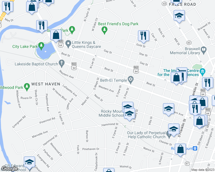 map of restaurants, bars, coffee shops, grocery stores, and more near 1112 Western Avenue in Rocky Mount