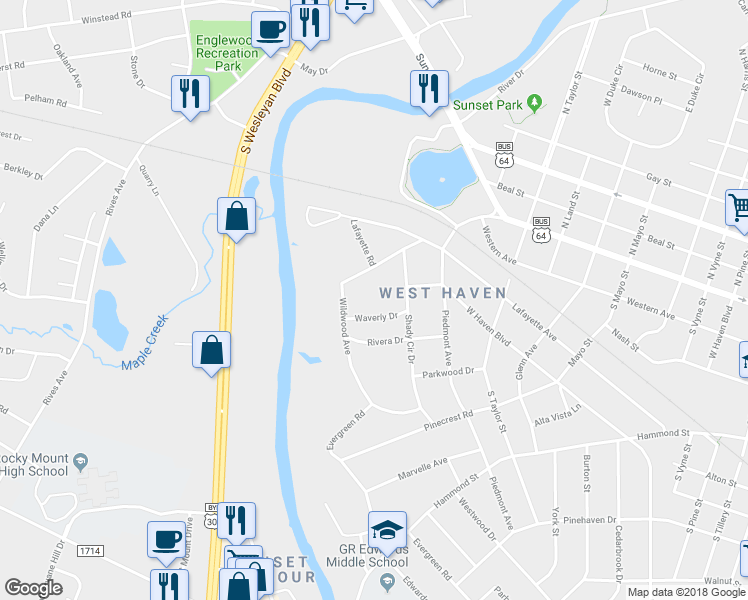 map of restaurants, bars, coffee shops, grocery stores, and more near 1608 Waverly Drive in Rocky Mount