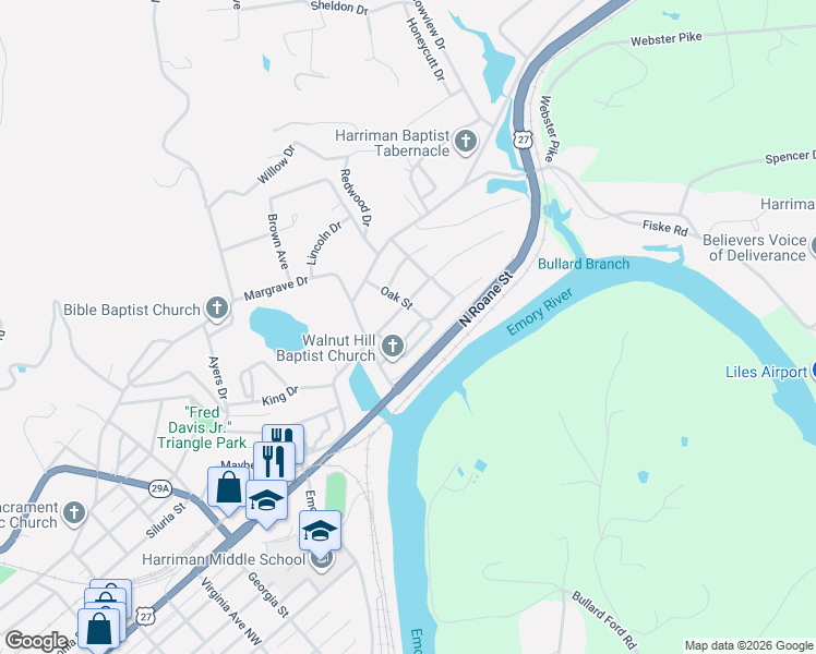 map of restaurants, bars, coffee shops, grocery stores, and more near 310 Oak Street in Harriman