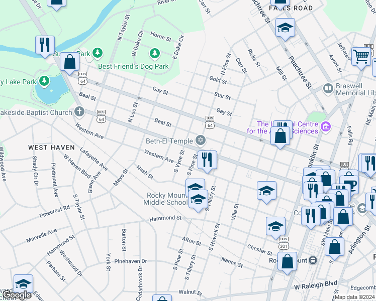 map of restaurants, bars, coffee shops, grocery stores, and more near 915 Sunset Avenue in Rocky Mount