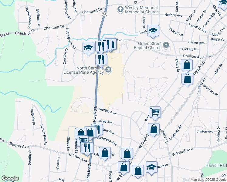 map of restaurants, bars, coffee shops, grocery stores, and more near 1775 Westchester Drive in High Point