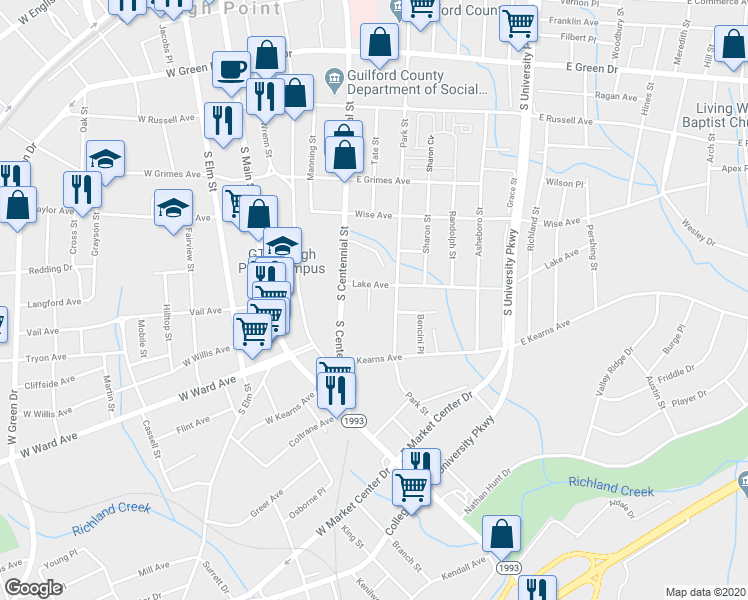 map of restaurants, bars, coffee shops, grocery stores, and more near 809 Tate Street in High Point