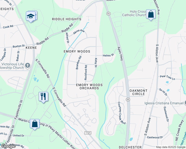 map of restaurants, bars, coffee shops, grocery stores, and more near 3116 Kirby Street in Durham