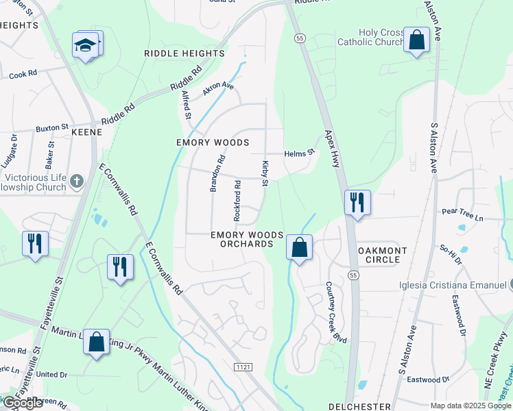 map of restaurants, bars, coffee shops, grocery stores, and more near 3116 Kirby Street in Durham