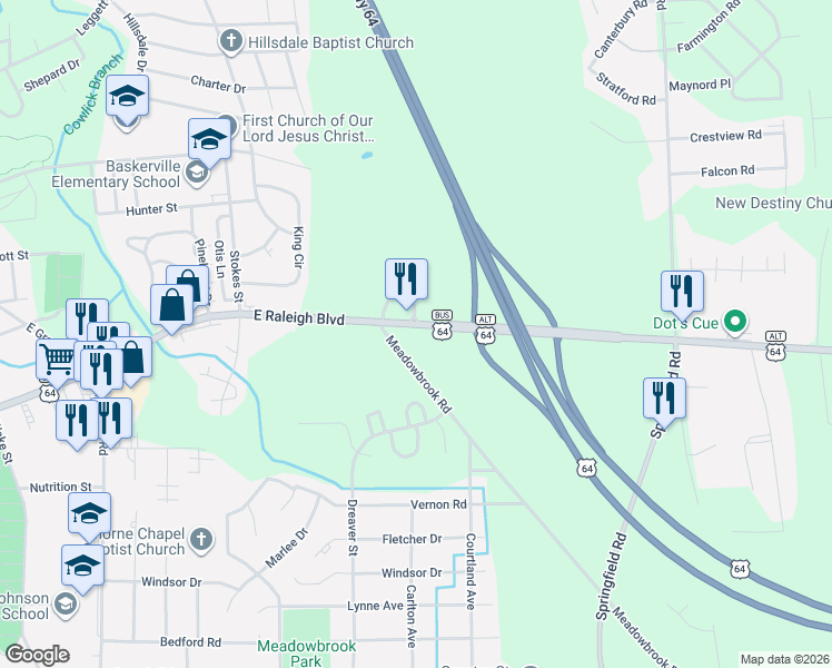map of restaurants, bars, coffee shops, grocery stores, and more near 1834-1854 North Raleigh Street in Rocky Mount