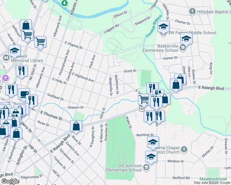 map of restaurants, bars, coffee shops, grocery stores, and more near 423 Matthews Street in Rocky Mount