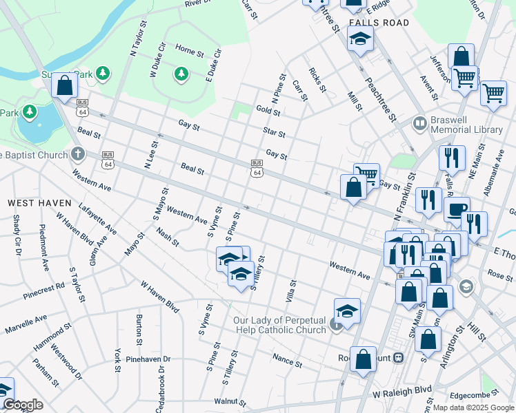 map of restaurants, bars, coffee shops, grocery stores, and more near 823 Beal Street in Rocky Mount