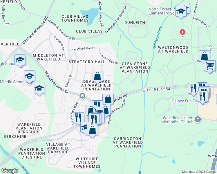 map of restaurants, bars, coffee shops, grocery stores, and more near 12400 Dunard Street in Raleigh