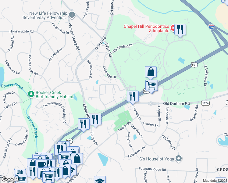 map of restaurants, bars, coffee shops, grocery stores, and more near 1749 Dobbins Drive in Chapel Hill