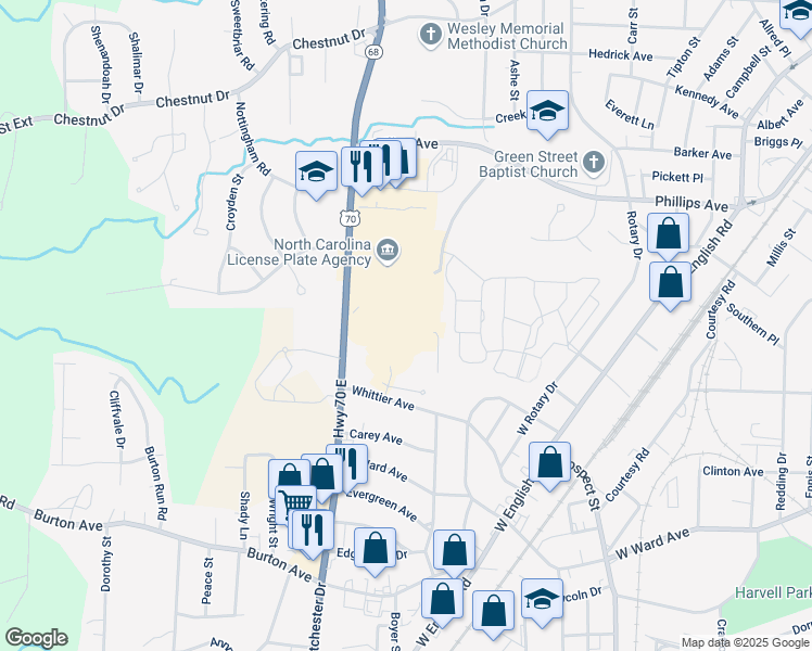 map of restaurants, bars, coffee shops, grocery stores, and more near 1775 Westchester Drive in High Point