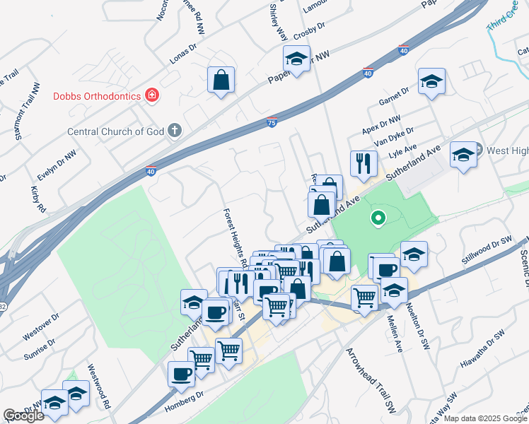 map of restaurants, bars, coffee shops, grocery stores, and more near 709 Forest Hills Boulevard in Knoxville