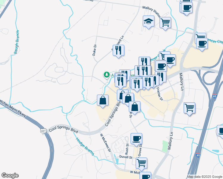 map of restaurants, bars, coffee shops, grocery stores, and more near 3201 Aspen Grove Drive in Franklin
