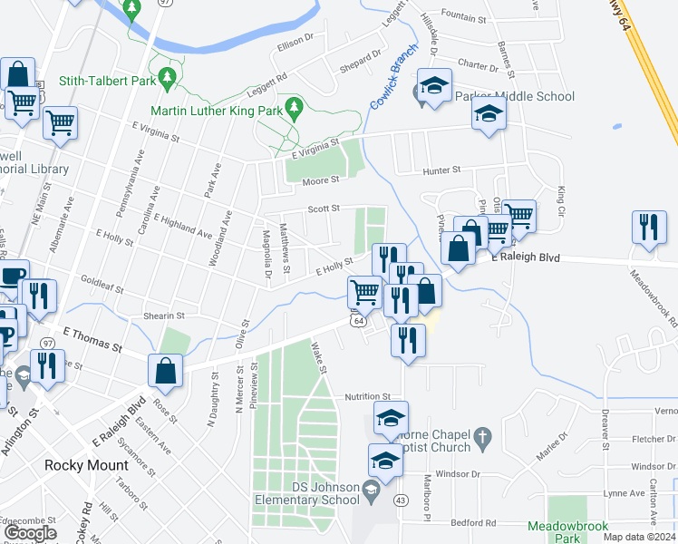 map of restaurants, bars, coffee shops, grocery stores, and more near 1201 East Grand Avenue in Rocky Mount