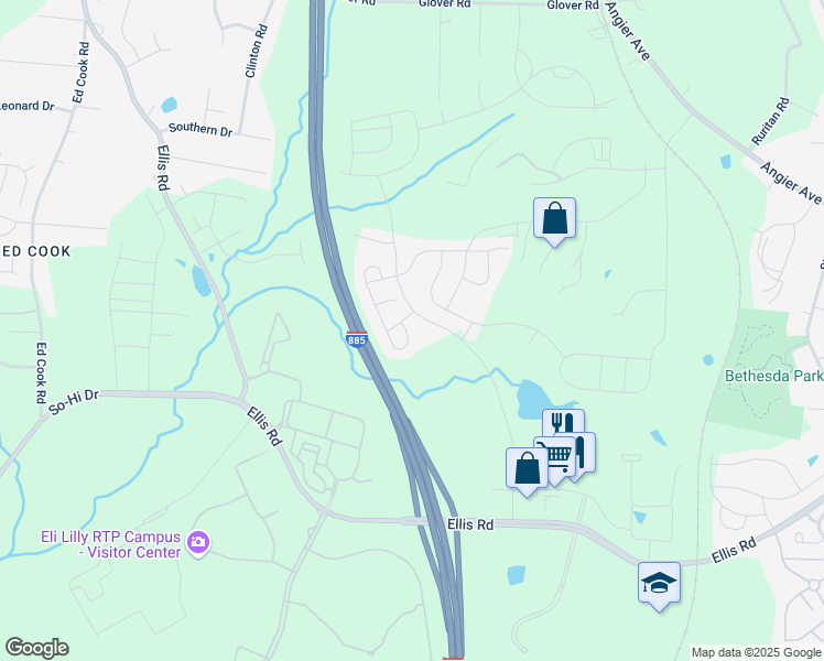 map of restaurants, bars, coffee shops, grocery stores, and more near 1011 Fitchie Place in Durham