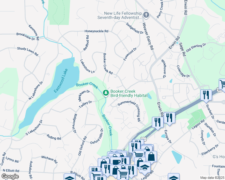 map of restaurants, bars, coffee shops, grocery stores, and more near 2213 Stayman Circle in Chapel Hill