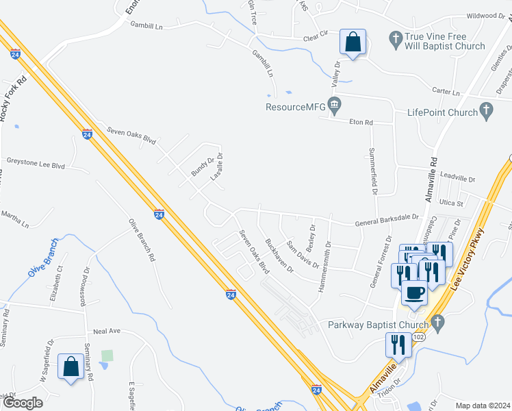 map of restaurants, bars, coffee shops, grocery stores, and more near 800 General Barksdale Drive in Smyrna