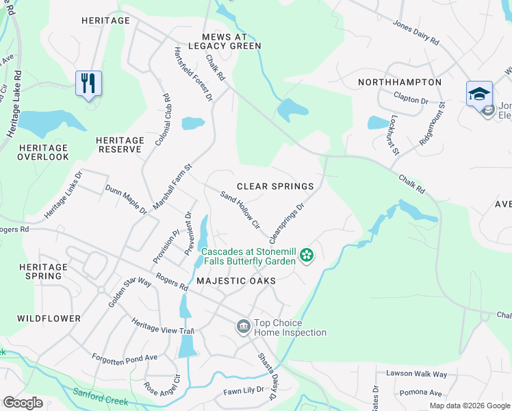 map of restaurants, bars, coffee shops, grocery stores, and more near 5909 Deep Spring Circle in Wake Forest