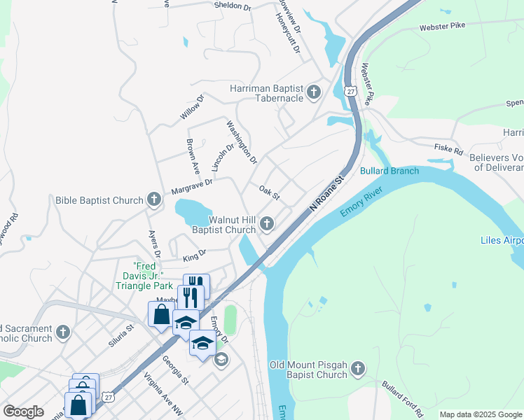 map of restaurants, bars, coffee shops, grocery stores, and more near 215 Maple Street in Harriman