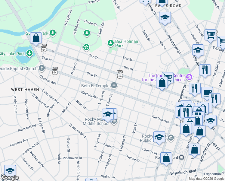 map of restaurants, bars, coffee shops, grocery stores, and more near 910 Sunset Avenue in Rocky Mount