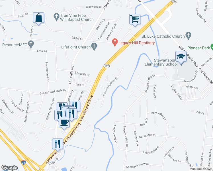 map of restaurants, bars, coffee shops, grocery stores, and more near 344 Stewart Springs Drive in Smyrna