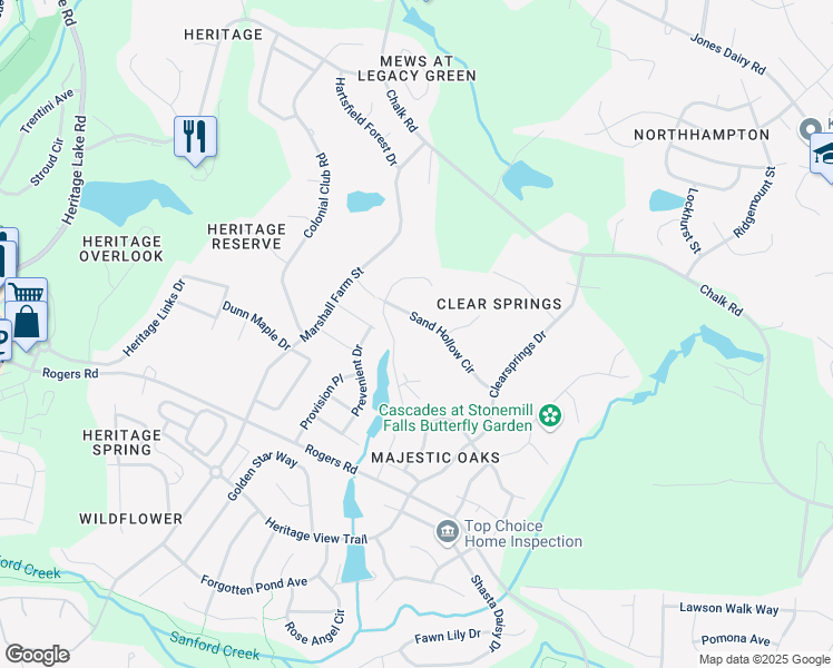 map of restaurants, bars, coffee shops, grocery stores, and more near 1512 Sand Hollow Circle in Wake Forest