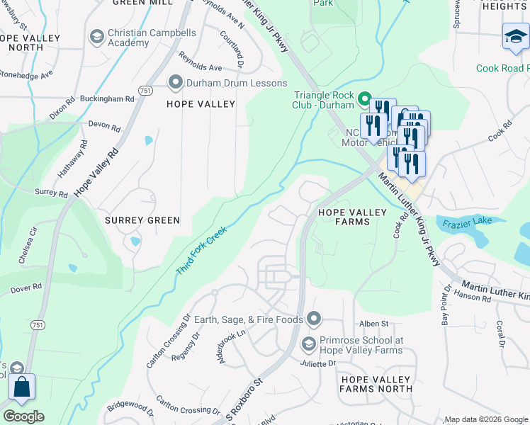 map of restaurants, bars, coffee shops, grocery stores, and more near 180 Cedar Elm Road in Durham