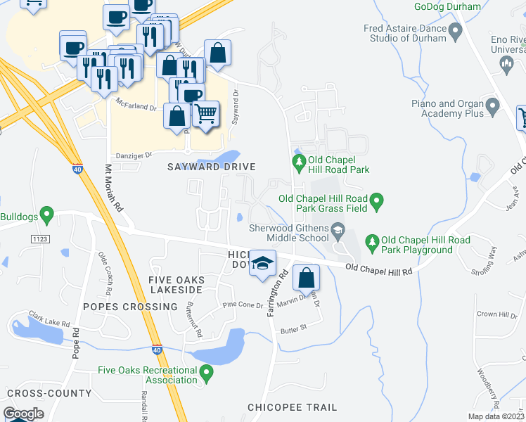 map of restaurants, bars, coffee shops, grocery stores, and more near 11306 Rose Garden Lane in Durham