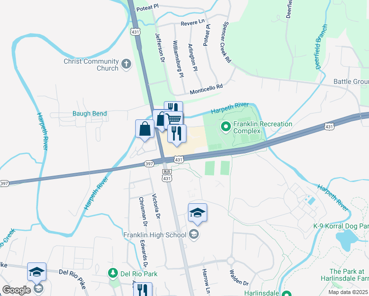 map of restaurants, bars, coffee shops, grocery stores, and more near 1114 Hillsboro Road in Franklin