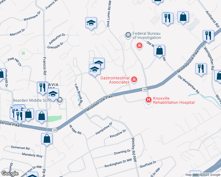 map of restaurants, bars, coffee shops, grocery stores, and more near 6801 Middlebrook Pike in Knoxville