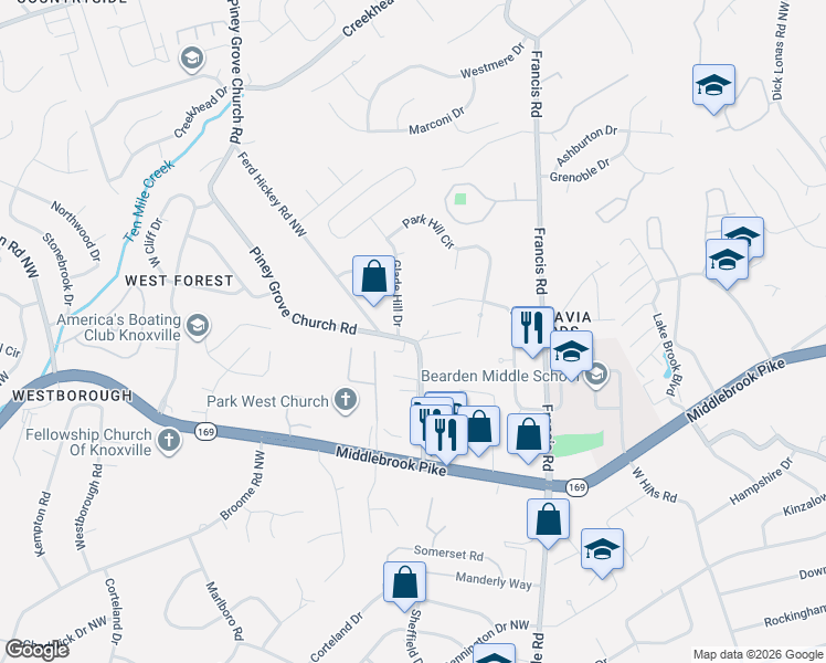 map of restaurants, bars, coffee shops, grocery stores, and more near 7348 Toxaway Drive Northwest in Knoxville