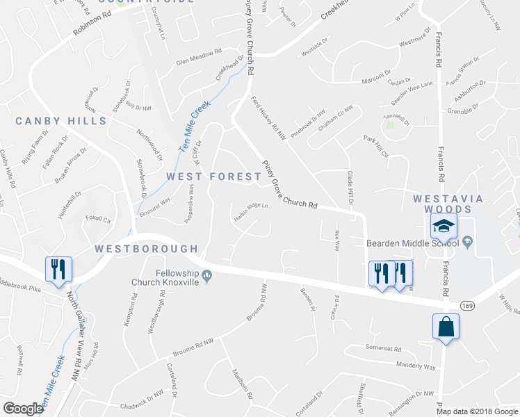 map of restaurants, bars, coffee shops, grocery stores, and more near 1249 Harbin Ridge Lane in Knoxville