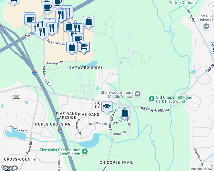 map of restaurants, bars, coffee shops, grocery stores, and more near 11207 Rose Garden Lane in Durham
