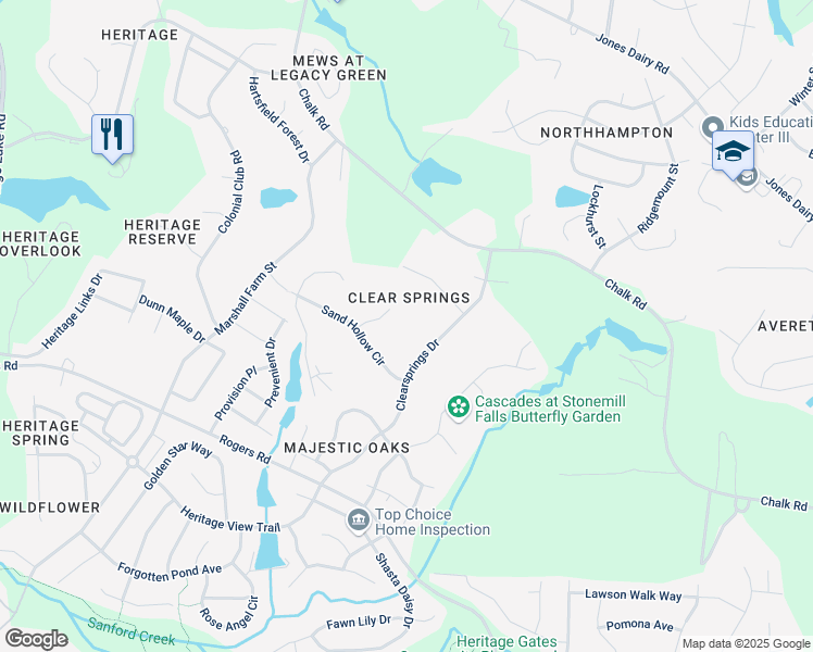 map of restaurants, bars, coffee shops, grocery stores, and more near 5916 Deep Spring Circle in Wake Forest