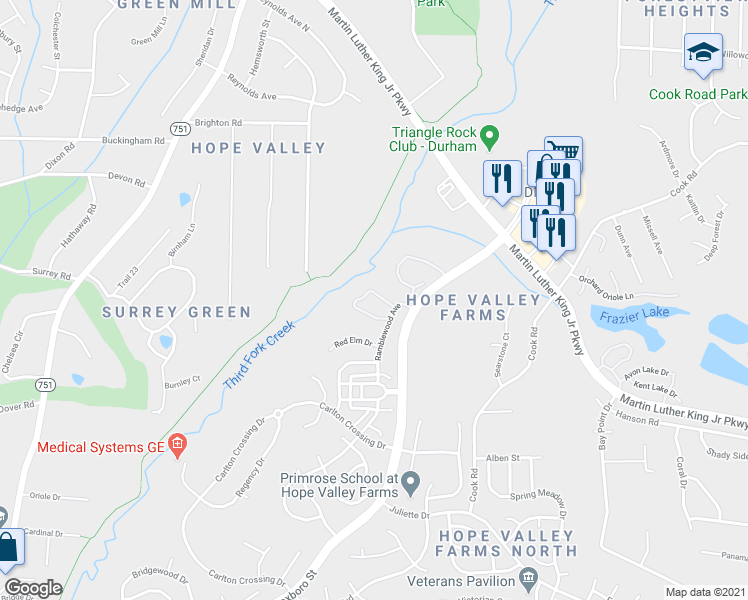 map of restaurants, bars, coffee shops, grocery stores, and more near 129 Cedar Elm Road in Durham